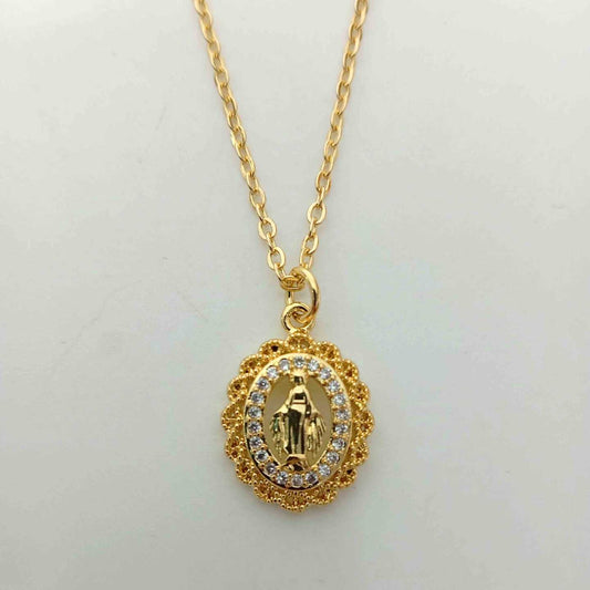 Collar Bañado Oro Colgante Virgen Rayo Pequiño