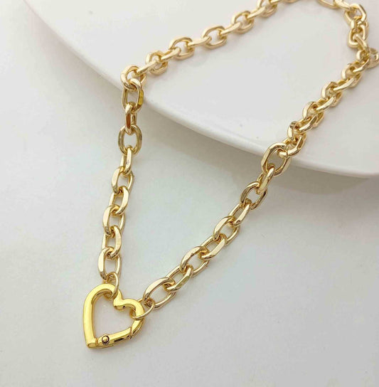 Cadena Acero Bañado en Oro 18K Eslabon Grueso Bloche Corazon 45cm