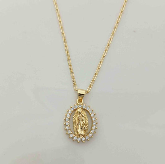 Collar Bañado Oro 18k Colgante Virgen Guararube Circones 45cm